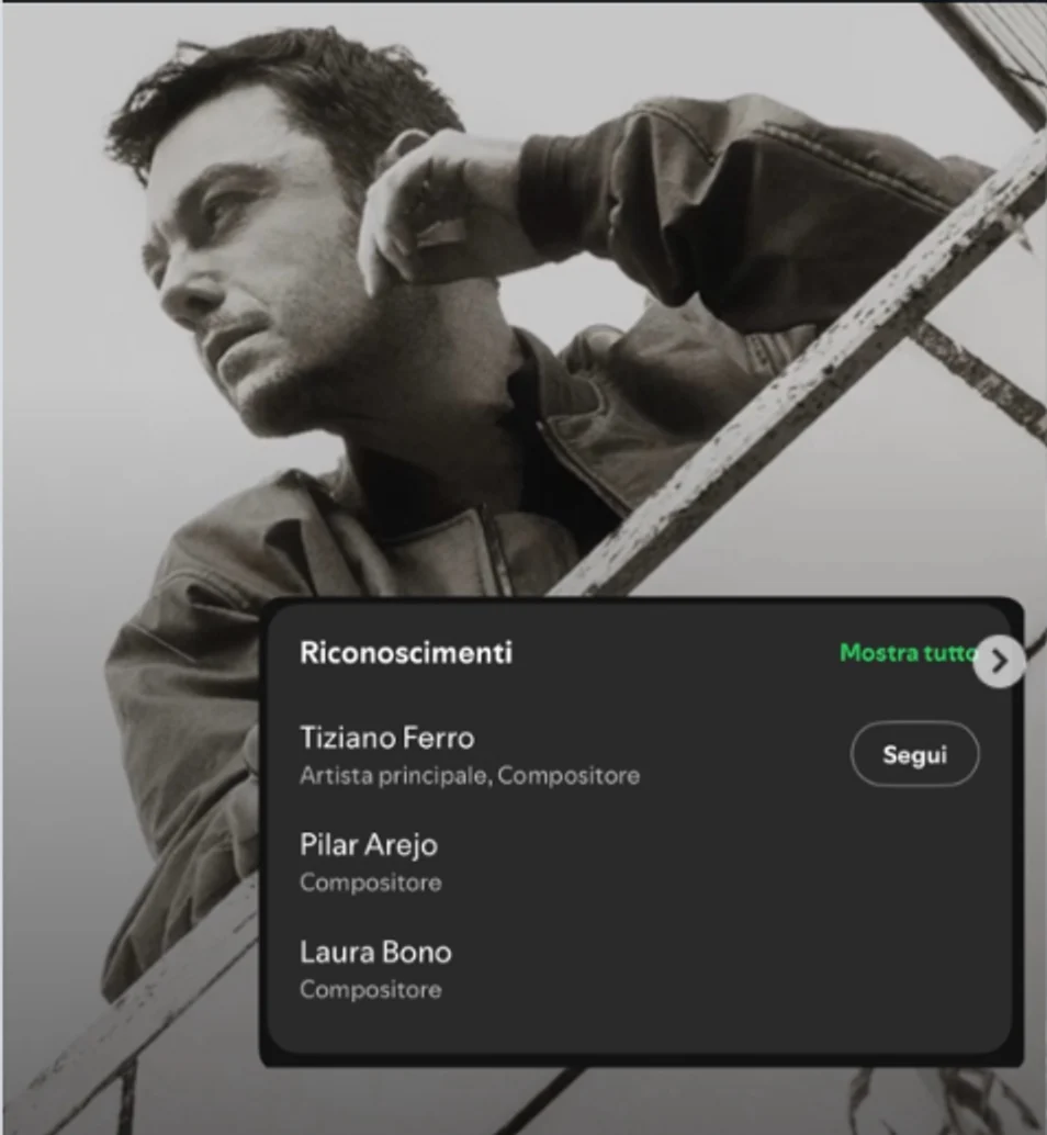 Créditos de «Ti Sognai» en Spotify: Tiziano Ferro, artista principal y compositor; Pilar Arejo y Laura Bono, compositoras